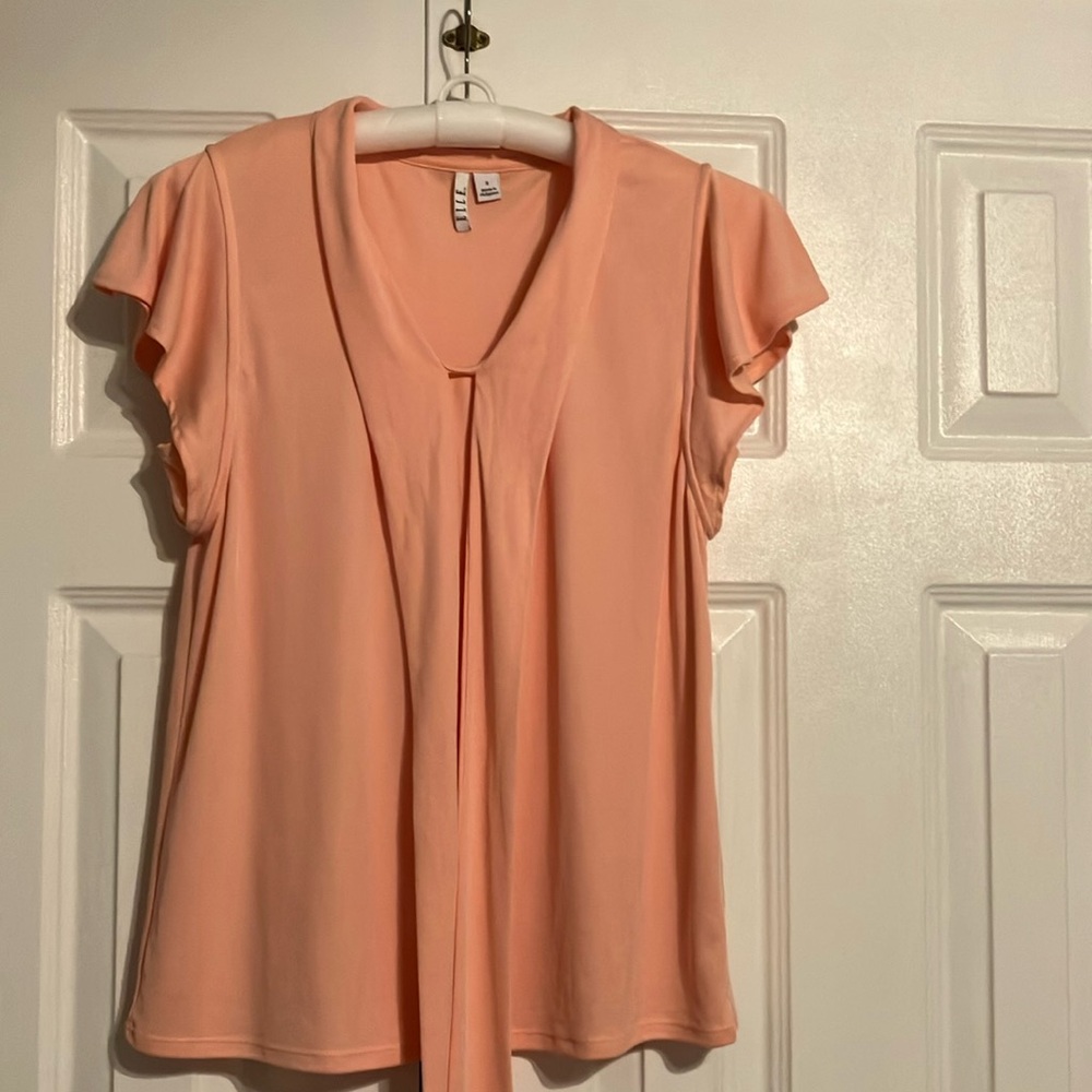 Elle Peach Flutter Sleeve Blouse with Tie Front